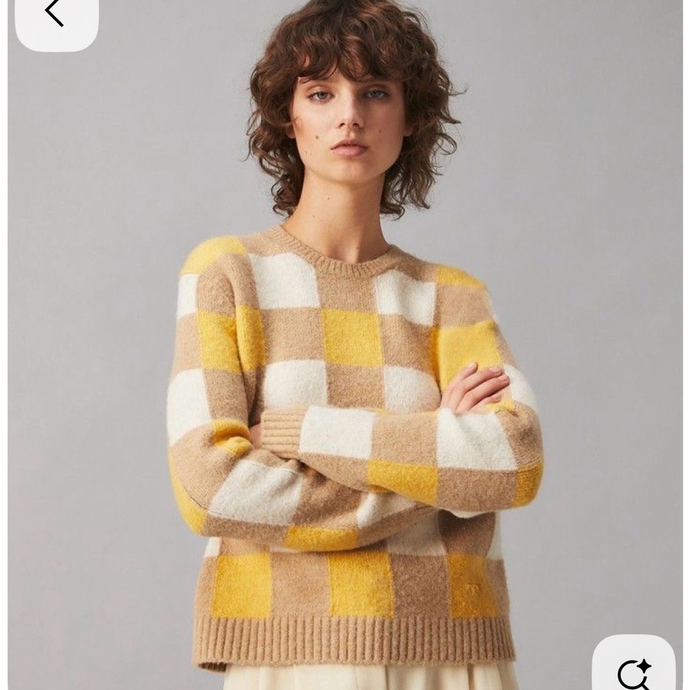 Tory Burch T6465 Intarsia Check Sweater Yellow Camel Ivory Size M